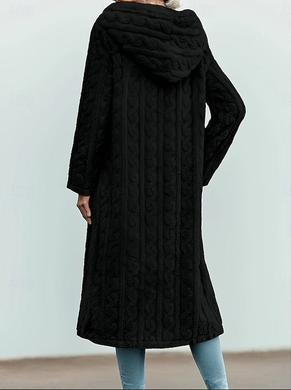 Long Hooded Teddy Coat with Textured Swirl Pattern